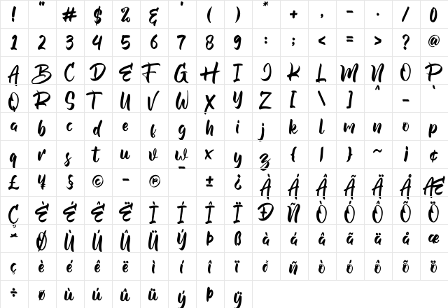 Kalyubi Demo Regular  glyph index