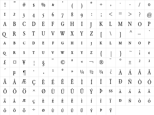 Garamond BE Regular  glyph index