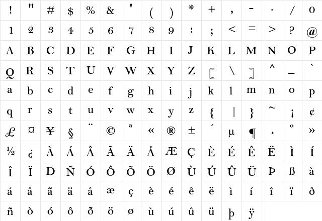 MBell-SemiBold Regular  glyph index