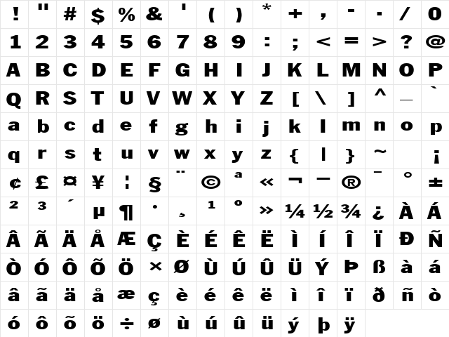 LibraryGothicHeavyExtended Regular  glyph index