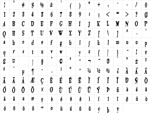 Tidelagskoprofag Regular  glyph index