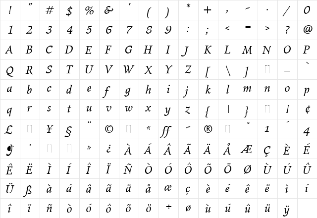 Elysium Book Italic  glyph index