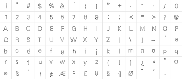 Univers-Light-Light Hollow Regular  glyph index