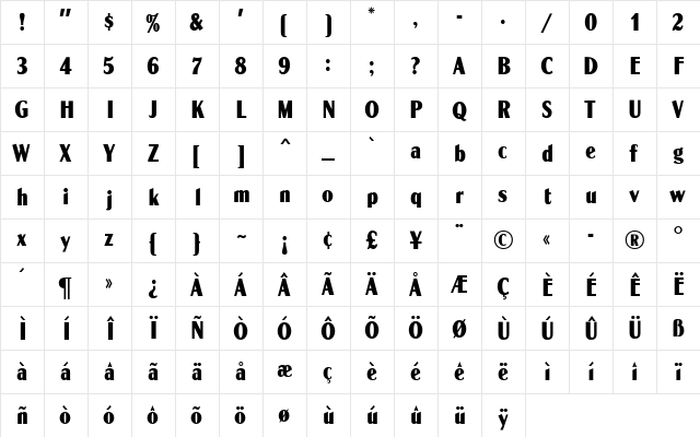 GlobeGothic MN CondensedBold  glyph index