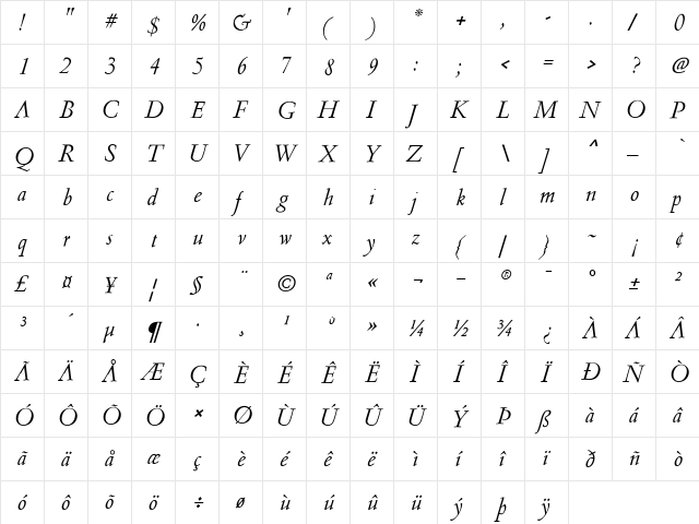 NicolasJensonSG Regular  glyph index