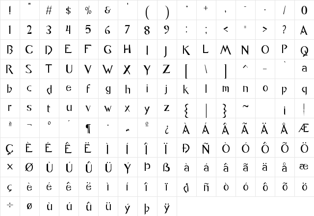 Caligo Regular  glyph index