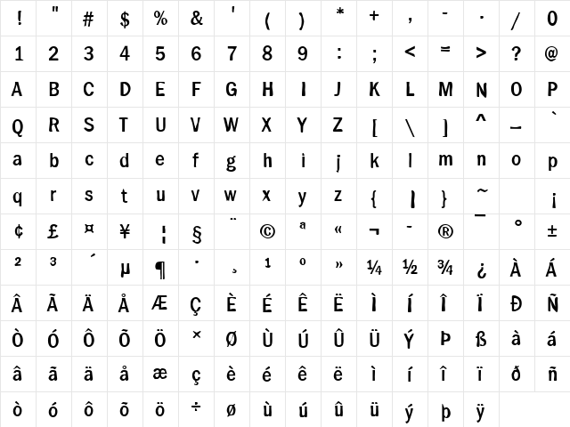 DTCDirtyM16 Regular  glyph index