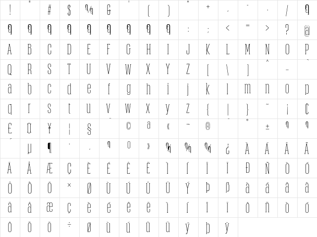 Obcecada Serif Regular  glyph index