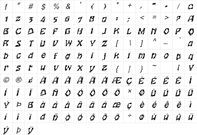 WoodcutCracked Italic  glyph index