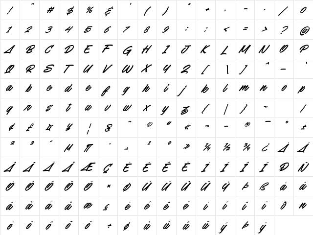 Snooky Italic Regular  glyph index