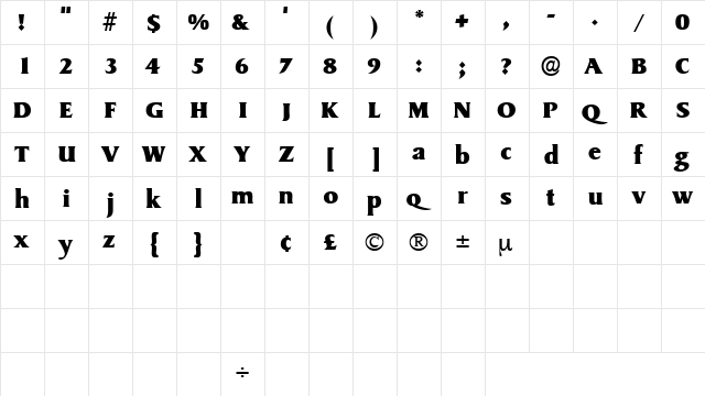 BrusquerieDisplaySSK Regular  glyph index