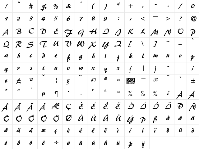 BrushFlash Regular  glyph index