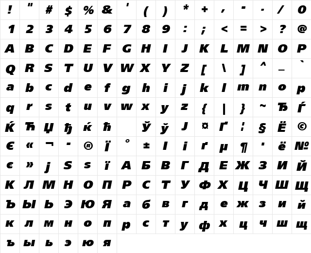 FreeSetExtraCTT Italic  glyph index
