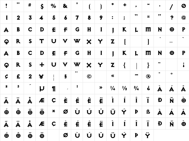 Exocet Heavy  glyph index