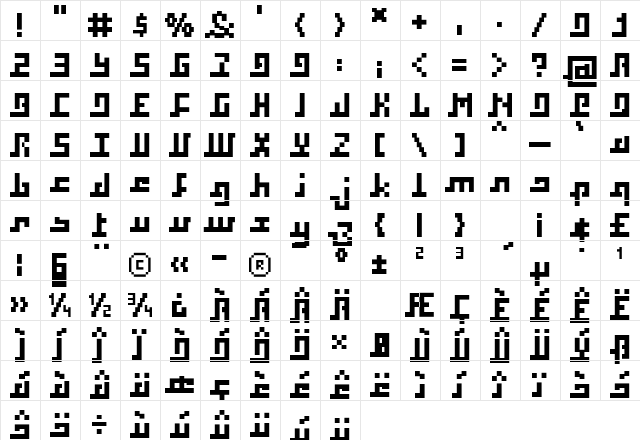 Squaropen Bold  glyph index