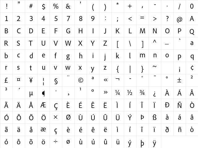 Adobe Clean SemiCondensed Regular  glyph index