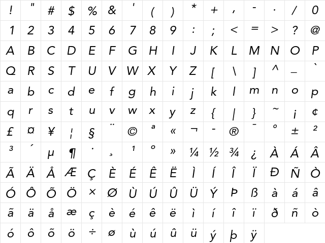 Avenir 55 Oblique  glyph index