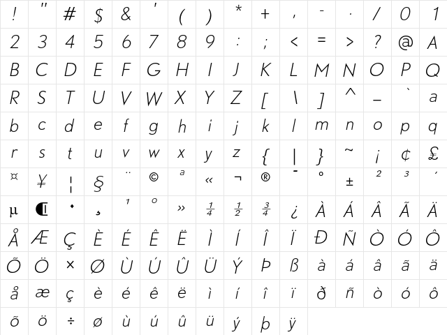 DTL Nobel T Light Italic  glyph index