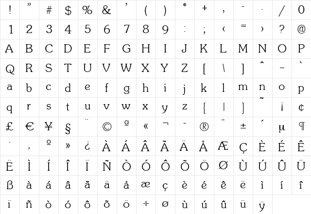 JuliusBecker-ExtraLight Regular  glyph index
