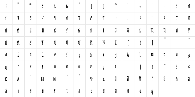 Juxo Regular  glyph index