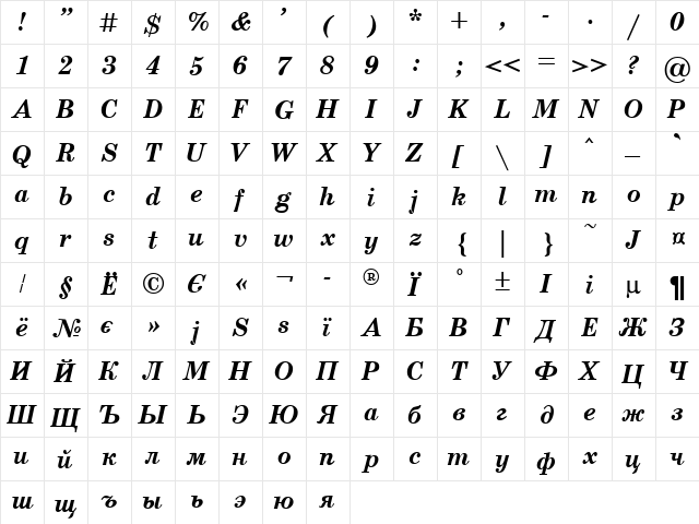 School Bold Italic  glyph index