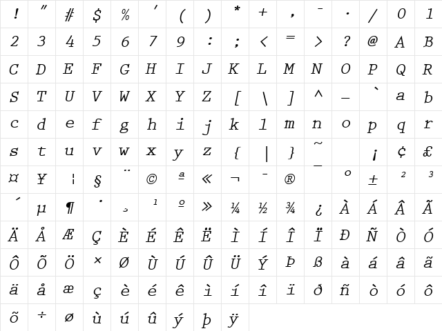 Prestige Becker Bold Oblique  glyph index
