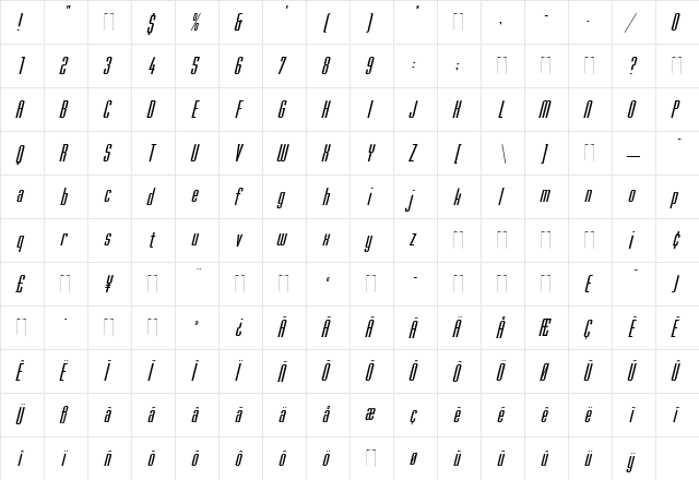 Mekanik Italic Regular  glyph index