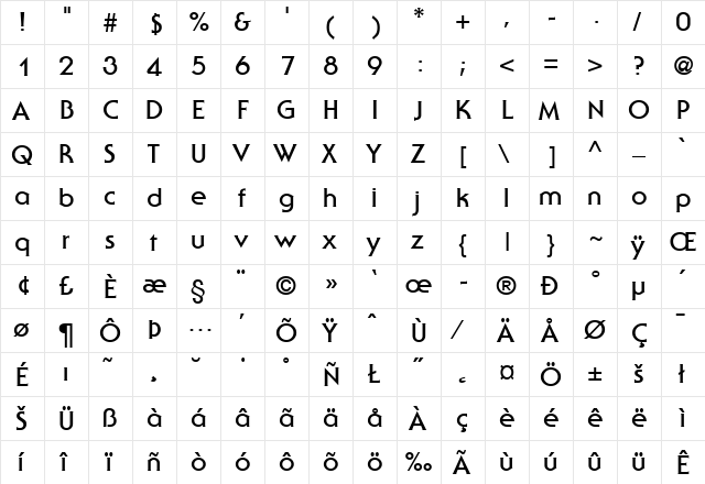 SerifGothic-Bold Regular  glyph index