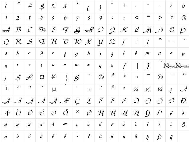 MC Mershia Regular  glyph index