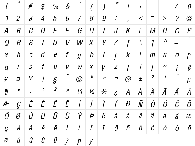 SwitzerlandCondensed Italic  glyph index