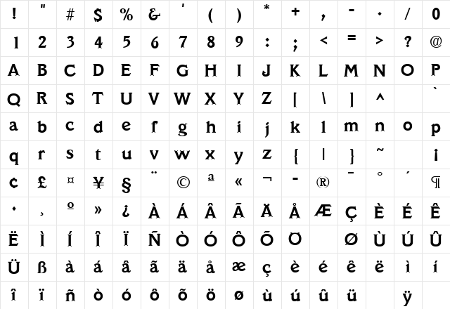 Veracruz Bold  glyph index