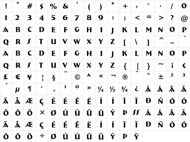 Bremen Bold  glyph index