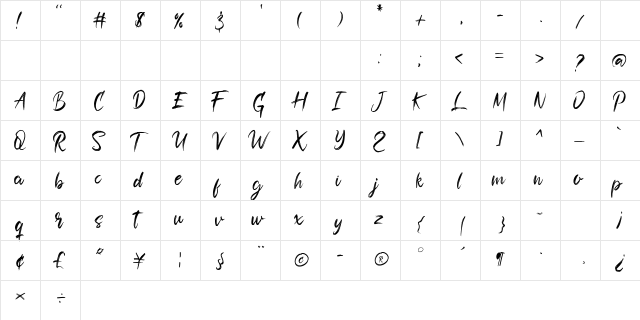 Shadow Brush Regular  glyph index