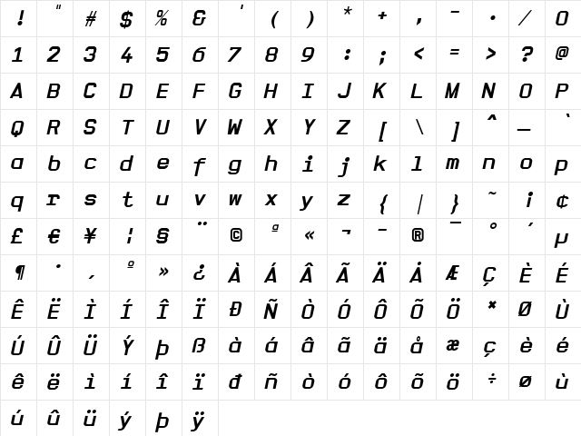 Office Bold  glyph index