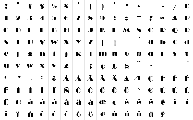 BroadwayDRo1 Regular  glyph index