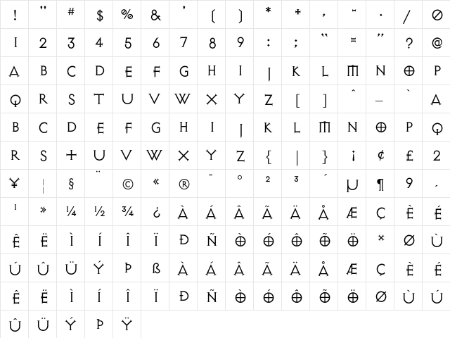 ExocetLight Regular  glyph index