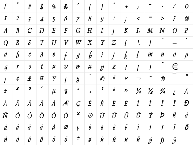 DolphinCondensed BoldItalic  glyph index