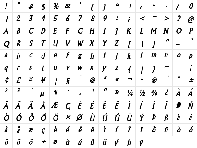 Flair-Condensed Bold Italic  glyph index