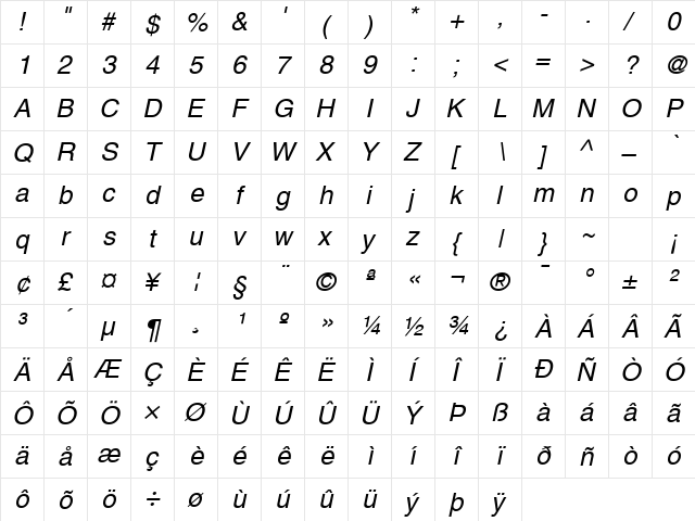 Sans ITALIC  glyph index