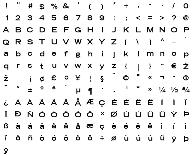 TradeGothic LT BoldExtended Regular  glyph index