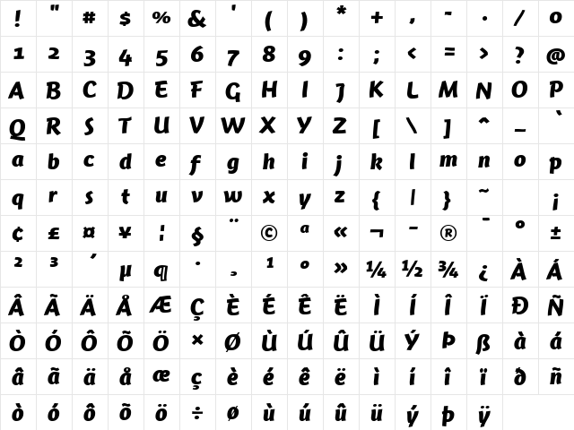 Jambono Bold Regular  glyph index