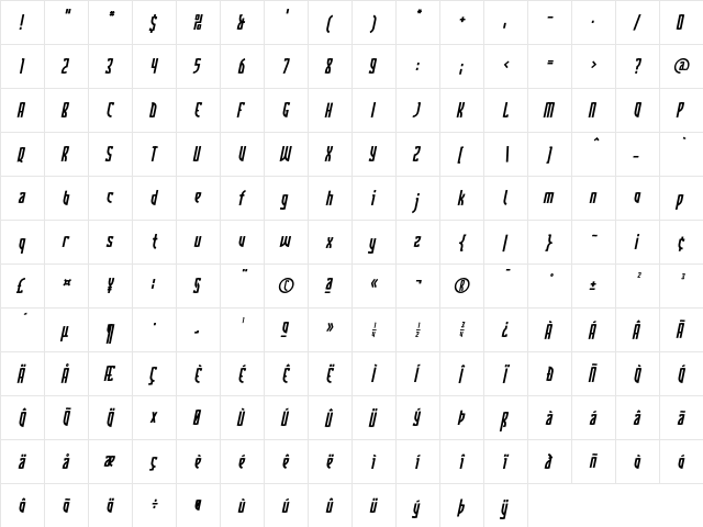 Komunique BoldItalic  glyph index