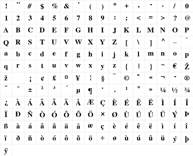 Times LT Bold  glyph index