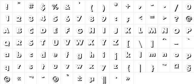 FuturisXShadowC Regular  glyph index
