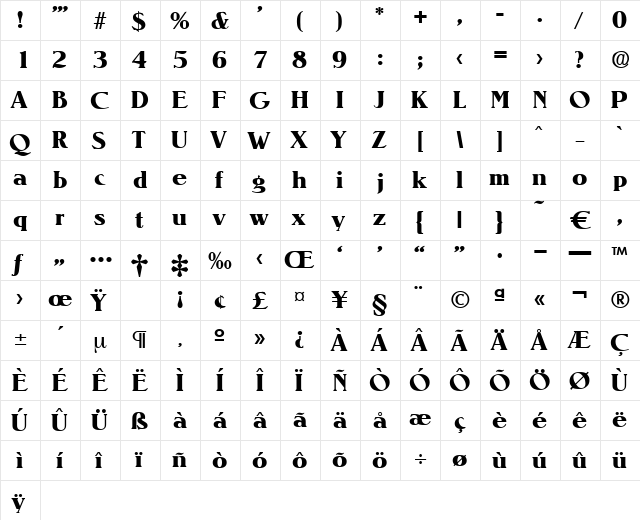 Nevada-Bold Regular  glyph index