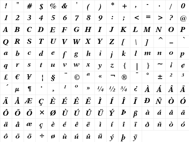 Dutch 823 Bold Italic  glyph index