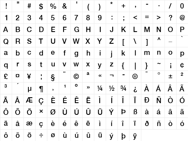 Helvetica 65 Medium Regular  glyph index