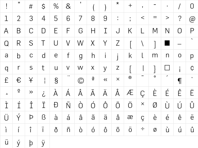 FlamaLight Regular  glyph index