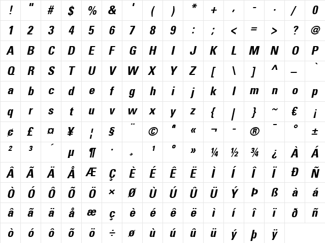 Univers LT 47 CondensedLt Bold Italic  glyph index