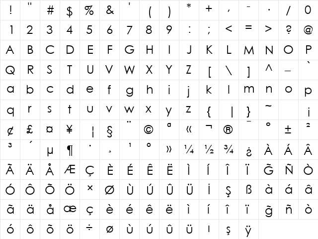 TR Century Gothic Regular  glyph index